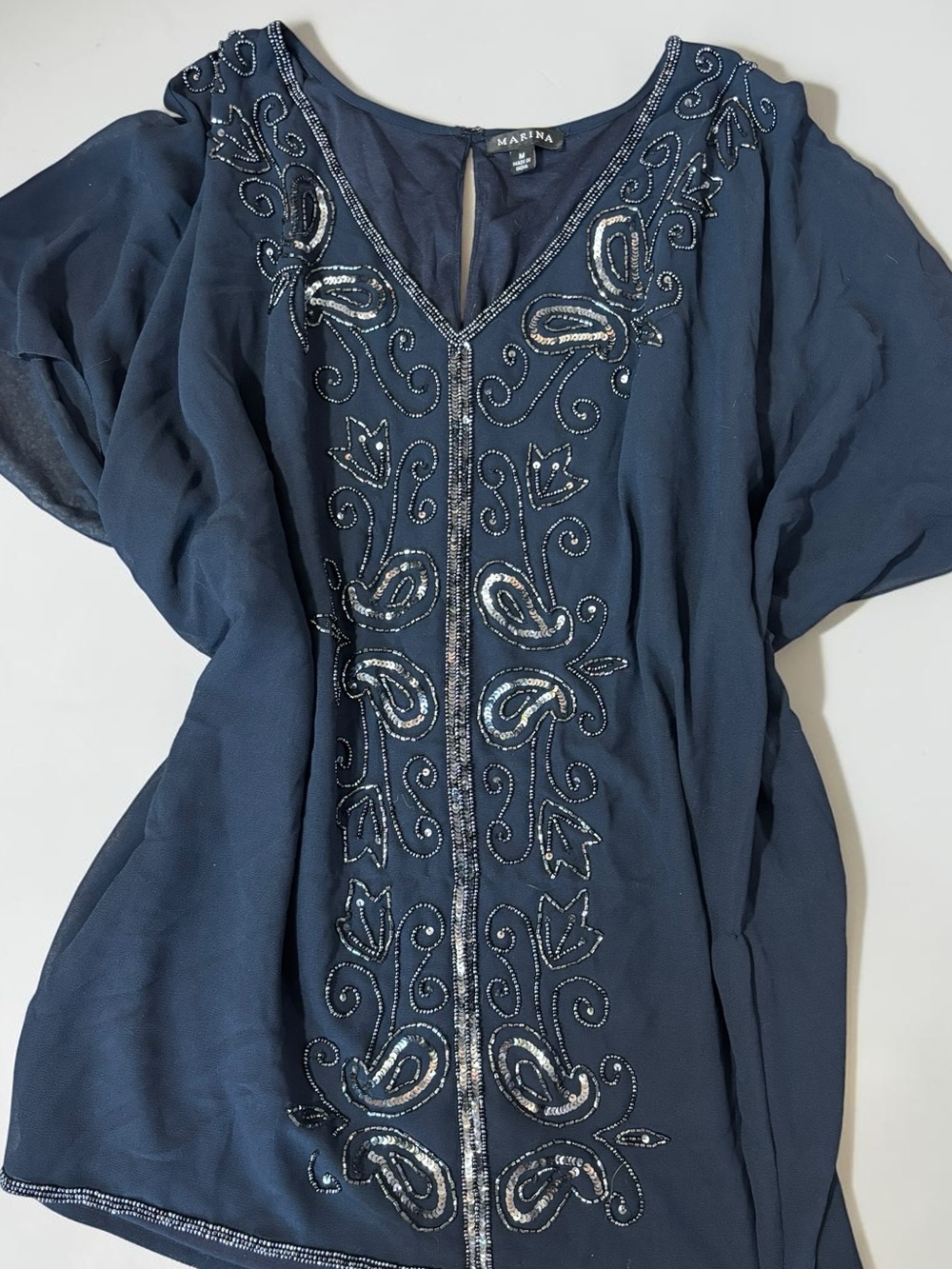 Marina Navy Sheer Beaded Sequin Tunic Top Bedazzled Y2K Glam M - Picture 7 of 12